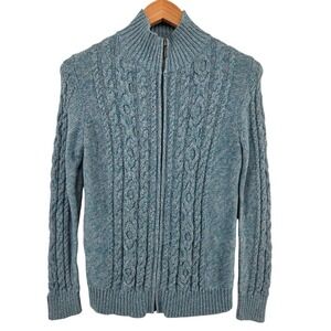 LL Bean Womens Cable Knit Full Zip Mock Neck Sweater Blue‎ Casual M